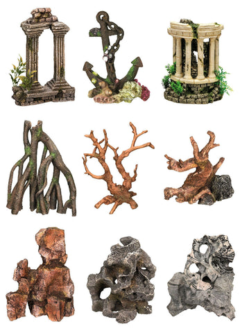 Ornaments for aquarium & terrarium / roots, caves, stones